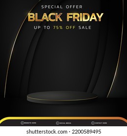 3d black friday banner social media template post with blank space 3d podium for product with abstract gradient black colour background design