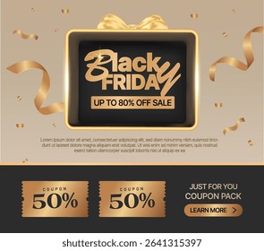 3d black Friday coupon book banner template with gift box isolated on background with ribbon effect. Gift voucher on Black Friday in 3d vector.