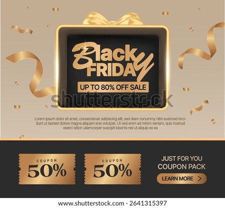 3d black Friday coupon book banner template with gift box isolated on background with ribbon effect. Gift voucher on Black Friday in 3d vector.
