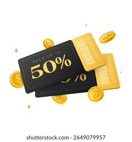 bon de réduction noir du vendredi 3d ou étiquette de vente. Chèque cadeau en Image vectorielle 3d avec des pièces d'or volant autour. Premium cash back bon de réduction code barre en illustration vectorielle