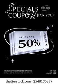 3d Black Friday coupon stack with coupon code, percent sale off, isolated on dark background. Gift voucher banner template with shining effect in 3d vector