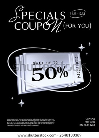 3d Black Friday coupon stack with coupon code, percent sale off, isolated on dark background. Gift voucher banner template with shining effect in 3d vector