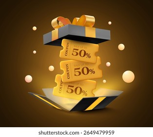 3d Black Friday coupons flying out of opened gift box, isolated on dark background with light effect. Gift voucher with coupon code for black Friday discount banner template in 3d vector