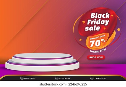 3d black friday discount sale template banner with blank space 3d podium for product sale with abstract gradient purple and orange background design