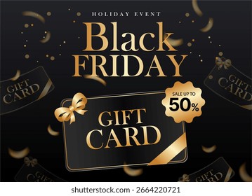 3d black Friday gift card with coupon code, 50% off, isolated on dark background with ribbon effect. Black Friday gift voucher banner template in 3d vector illustration