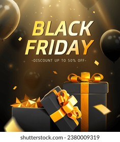 3D Black Friday poster. Gift boxes with golden ribbons on dark background with confetti and balloons.