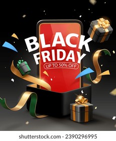 3D Black Friday-Werbung. Telefon, Geschenke und Konfetti, die aus einer Überraschungsbox auf schwarzem Hintergrund herausspringen.