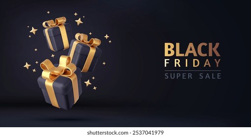 3d Black Friday sale background. Dark gift box with gold confetti. New Year and Christmas design. Xmas decorative surprise object. 3d rendering. Vector illustration