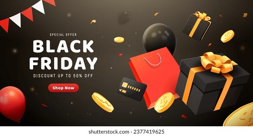 3D Black Friday sale banner with balloons, shopping bag, gifts and coins floating on dark background.