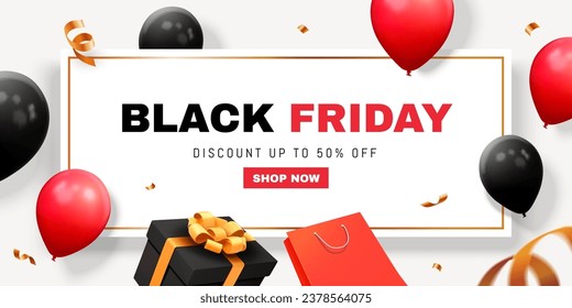 3D Black Friday sale banner surrounded by balloons, shopping bag, gifts on white background.