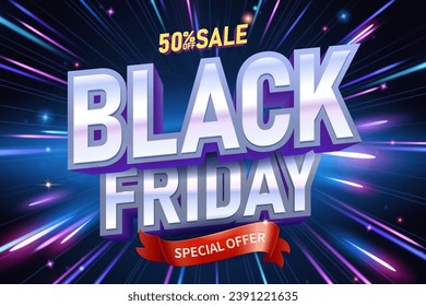 3D Black Friday sale banner with metallic title font on dynamic speed light trails background