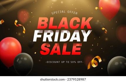 3D Black Friday sale promo with balloons and golden confetti on dark background with streak of light.