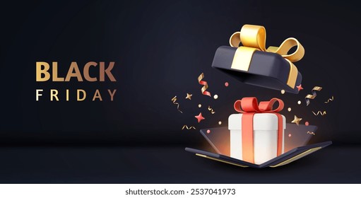 3d Black Friday sale. 3d template of open gift boxes. Dark gift box with gold confetti. New Year and Christmas design. Xmas decorative surprise object. 3d rendering. Vector illustration