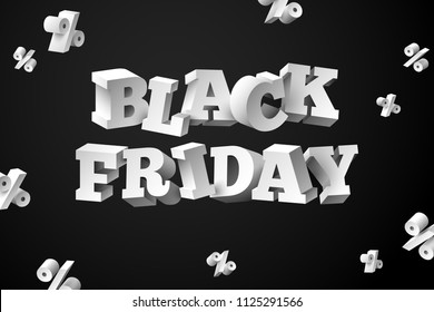 3d Black friday text with percents on dark background. Vector illustration.