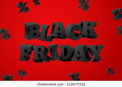 3d Black friday text with percents on red background. Vector illustration.