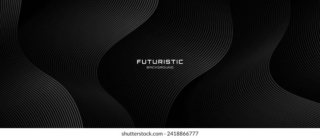 3D black geometric abstract background overlap layer on dark space with waves lines decoration. Minimalist modern graphic design element cutout style concept for banner, flyer, card, or brochure cover