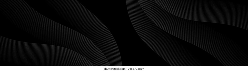 Fondo abstracto geométrico negro 3D superpone la capa en el espacio oscuro con la decoración de líneas de ondas. Concepto de estilo minimalista de corte de elemento de Diseño gráfico moderno para Anuncio, volante, tarjeta o cubierta de folleto