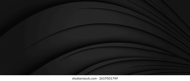 3D schwarzen geometrischen abstrakten Hintergrund Überlappungsschicht auf dunklem Raum mit Wellen Form Dekoration. Minimalistisches modernes Grafikdesign-Element-Ausschnitt-Style-Konzept für Banner, Flyer, Karte oder Broschüreneinband