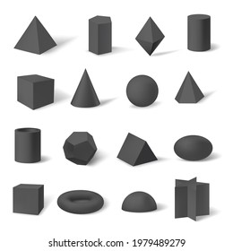 3d black geometric figure shapes set. Cube, square, cone, pyramid, prism, cylinder, hexagon, star, trapezoid, torus vector illustration. Math geometry objects on white background.