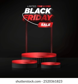 3D Black geometric stage podium. Black friday showcase backgrounds with 3d podium.