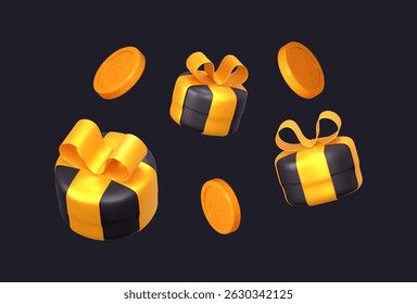 3D black gift box adorned with a golden ribbon, surrounded by floating golden coins.