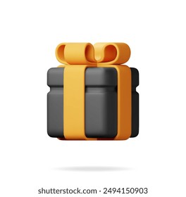 3D black gift box with gold bow isolated on white. Render luxury wrapped box. Christmas, new year, sale, shopping. Present box giftbox for black friday, Birthday and holiday. Vector illustration