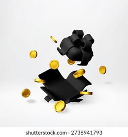 3D Black gift box with gold coins fly out, concept of surprise, monetary reward, cashback and bonus for purchase. Promotion, sale. Vector illustration