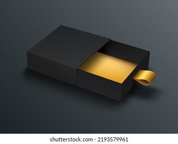 3D Black Gift Box With Golden Ribbon. EPS10 Vector
