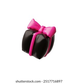 3D black gift box with pink ribbon bow from an inflated balloon vector icon. Black Friday sale special offer symbol. Render festive surprise box isolated. Realistic volume holiday decoration present