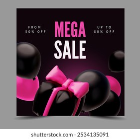 Caja de regalo negra 3D con lazo de cinta rosa de un globo inflado y globos negros en el cartel de Vector. Anuncio de oferta especial de Black Friday o Mega sale. Diseño publicitario de marketing de volumen realista