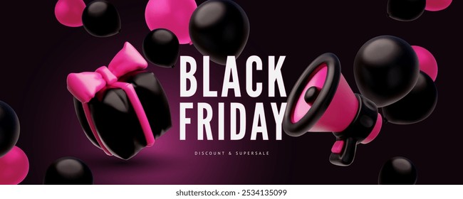 3D caixa de presente preto com arco de fita rosa e alto-falante de um balão inflado no folheto vetorial. Black Friday ou Mega venda especial oferta banner. Design de publicidade de marketing de volume realista