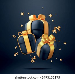 3D Black Gift Boxes with Gold Bow and Confetti. Render Luxury Wrapped Box. Christmas. New, Year, Sale, Shopping. Present Box Giftbox for Black Friday, Birthday and Holiday. Vector Illustration