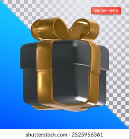 3D black gift boxes with gold ribbon in transparent background. 3D cute of a modern holiday surprise box isolated.