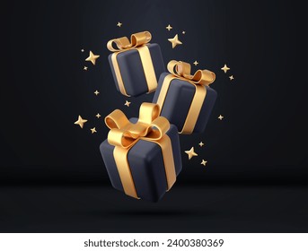 3d black gift boxes with golden ribbon and bow. Birthday celebration concept. Merry New Year and Merry Christmas black gift boxes with golden bows. 3d rendering. Vector illustration