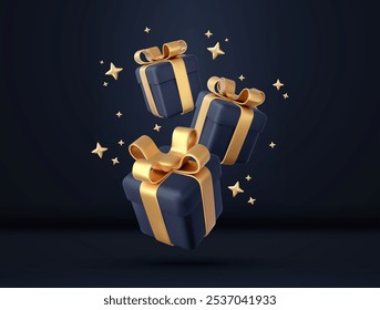 3d black gift boxes with golden ribbon and bow. Birthday celebration concept. Merry New Year and Merry Christmas black gift boxes with golden bows. 3d rendering. Vector illustration