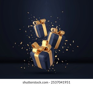 3d cajas de regalo negro con cinta de oro y arco y lentejuelas confeti. Concepto de celebración de cumpleaños. Cajas de regalo de Feliz Año Nuevo y Feliz Navidad con arcos dorados. Renderización 3D. Ilustración vectorial