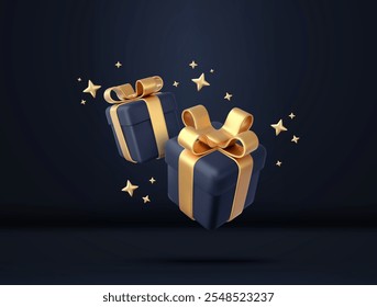 3D schwarze Geschenkboxen mit goldenem Band und Schleife. Konzept für Geburtstagsfeiern. Fröhliches neues Jahr und fröhliche Weihnachten schwarze Geschenkboxen mit goldenen Schleifen. 3D-Rendering Vektorgrafik