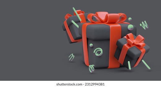3D black gift boxes on dark background. Gifts for shoppers on Black Friday. Night promotion, discounts. Thematic vector poster, blank space for announcement, offer