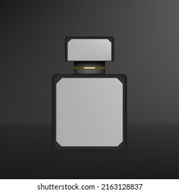 3D Black Glass Perfume Bottle Mockup On Dark Background. EPS10 Vector