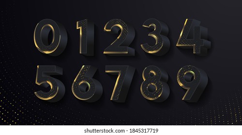 3D black glittering numbers with shadow. Vector 3d illustration. Realistic shiny characters. Modern Golden numbers set for poster, banner, card, invitation.