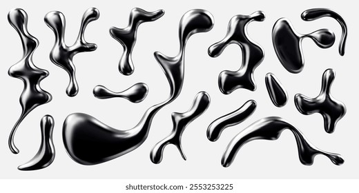 Conjunto de vetores 3D preto brilhante reflexivo cromado líquido formas. Quedas fundidas, bolhas salpicam diferentes formas. Renderizar o fluido de aço de metal derretendo forma isolada em branco. Abstrato de liga de bolhas volumosas