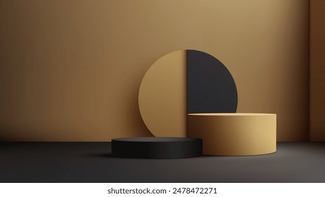 Podio 3D negro y dorado con fondo de círculo en fondo de pared marrón para la exhibición moderna del Producto