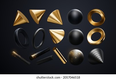 3d black and golden geometric shapes. Vector realistic illustration. Geometry primitives with shimmering glitters isolated on black background. Decoration elements for design