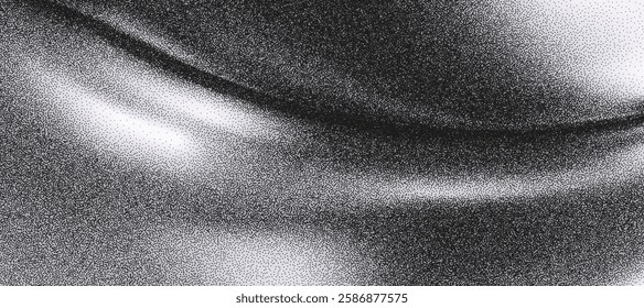 3d black grainy background with monochrome gradient waves. Chrome metal liquid backdrop with rough noise texture, grunge dot fabric. Glitter ombre poster. Trendy grainy abstract vector background