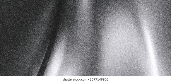 3d black grainy background with monochrome gradient waves. Chrome metal liquid backdrop with rough noise texture, grunge dot fabric. Glitter ombre poster. Trendy grainy abstract vector background