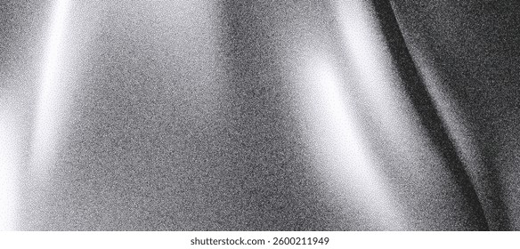 3d black grainy background with monochrome gradient waves. Chrome metal liquid backdrop with rough noise texture, grunge dot fabric. Glitter ombre poster. Trendy grainy abstract vector background