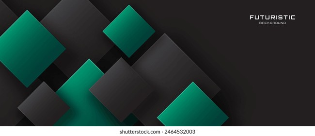 3D black green techno abstract background overlap layer on dark space with squares shape effect decoration. Modern graphic design element cutout style concept for web, flyer, card, or brochure cover