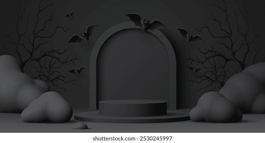 3d black Halloween podium stage. Vector eerie background with charcoal stage and arch surrounded by flying bats, clouds and bare trees. Dark scene creates spooky vibe for Halloween holiday promotions