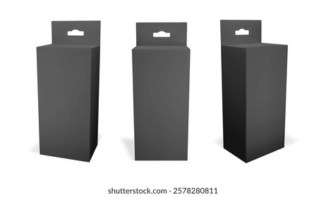 3d black hang box isolated vector. Vertical carton pack for medicine or cosmetic product. Rectangular hanger tab container with shadow for pharmacy. Front and side view for realistic packaging slot