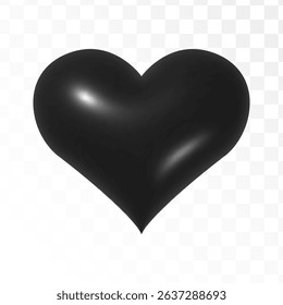 3d black heart isolated on transparent background. Love realistic inflatable symbol